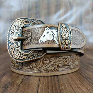 Western Leather Belt with Engraved Floral Tooling, Unisex Design
